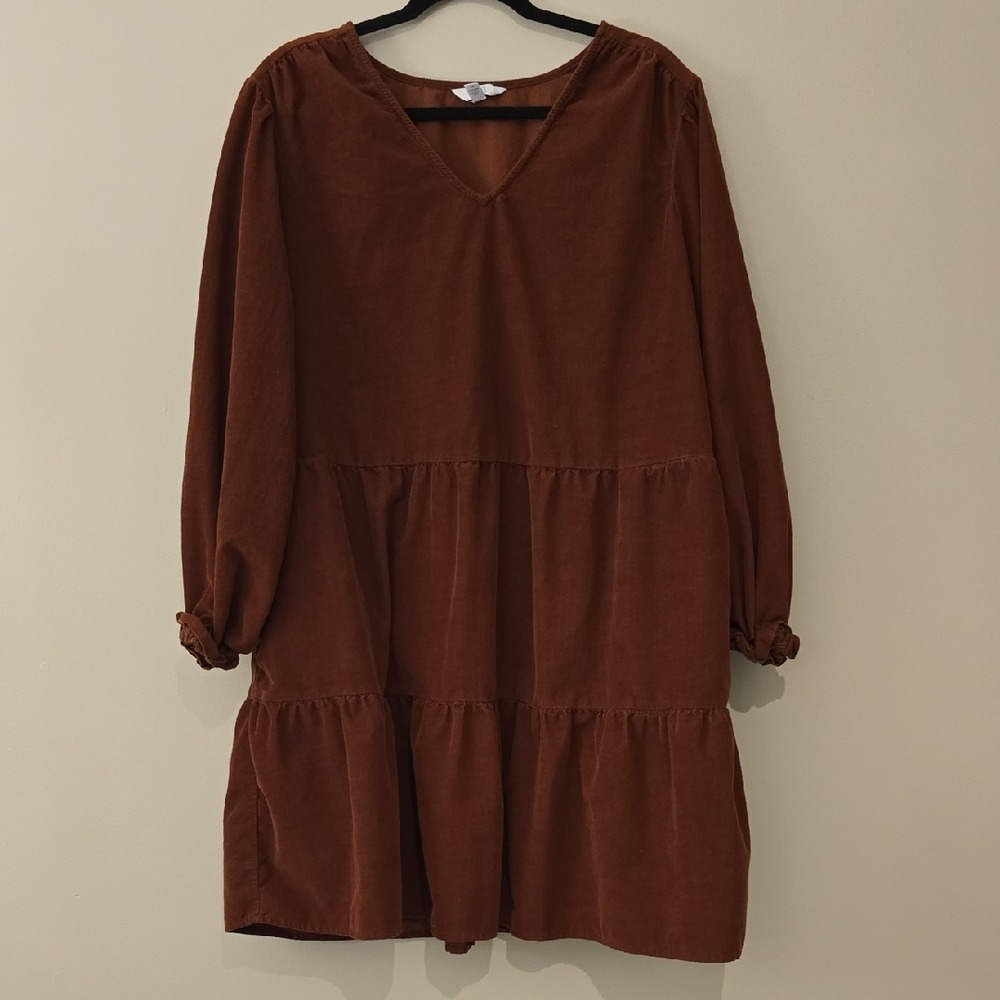 Women's Cottagecore 1X Rust Brown Corduroy Tiered Babydoll V-Neck Dress